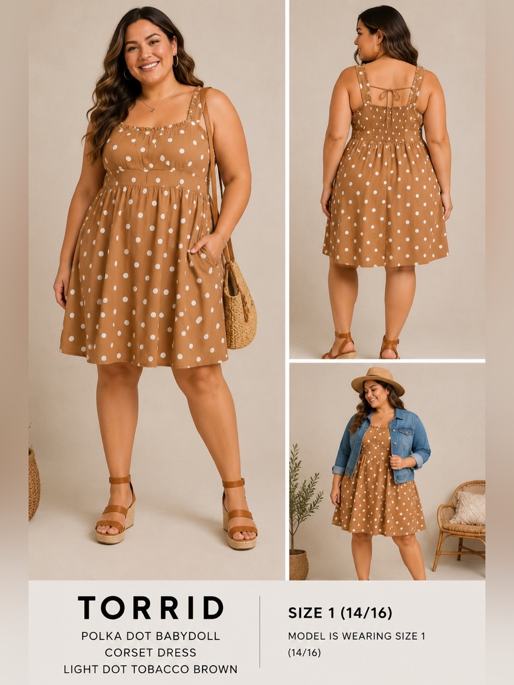 Torrid Tan Polka Dot Babydoll Dress NWT SIZE 1 14/16